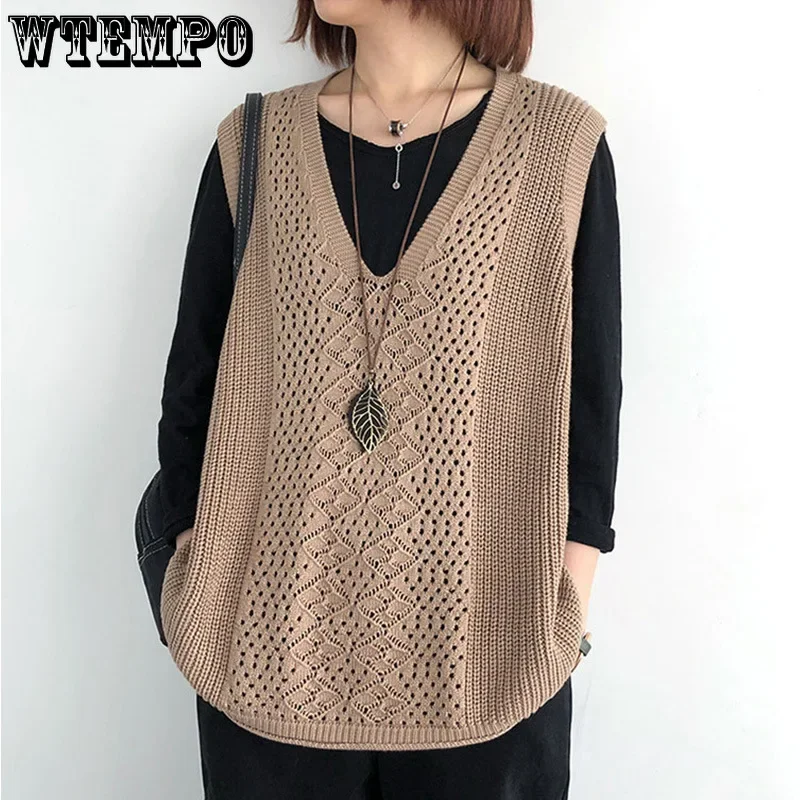 WTEMPO Women's Retro Sleeveless Knitted Vest Ladies Hollow Out Waistcoat Loose Spring Autumn Breathable Gilet Sweater