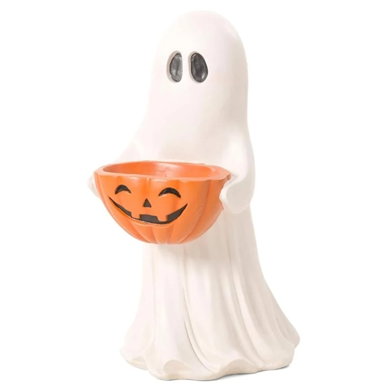 HGHO Pumpkin Treat Holder Halloween Ghost Candy Bowl Resin Ghost Statue Outdoor Decoration Figurine For Front Porch