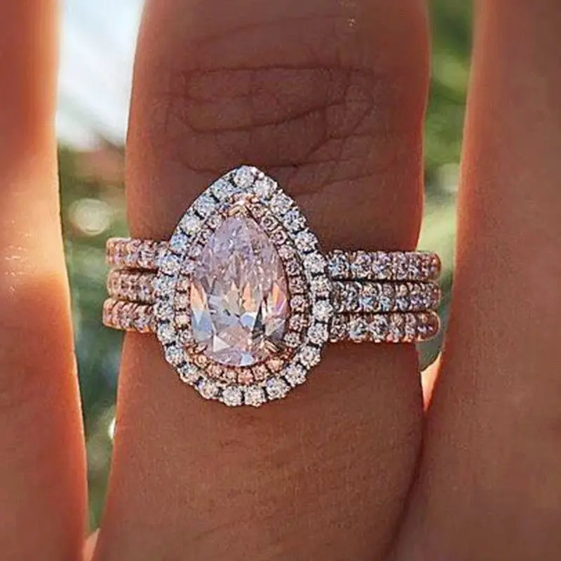 S925 Sterling Silver Teardrop Pink Crystal Creative Three Layer Women s Engagement Ring Romantic Gift For Special Moments