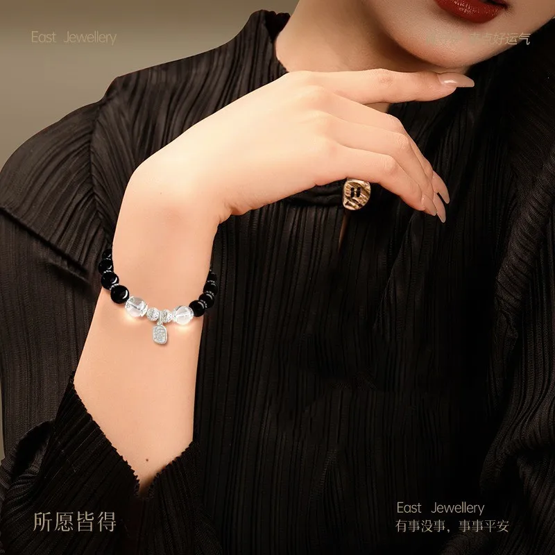 Natural Obsidian Bracelet for Women 925 Sterling Silver Authentic White Crystal Bracelet for Girlfriend Valentine's Day Gifts