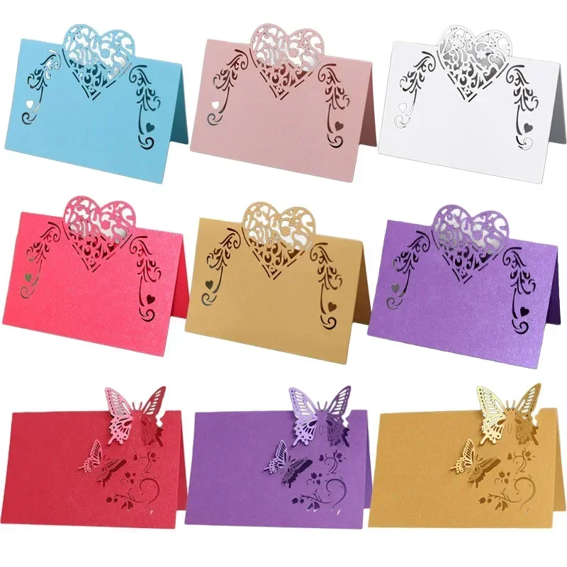 50Pcs Heart Shape Place Cards Laser Cut Hollow Butterfly Wedding Name Cards Christmas Birthday Party Table Decoration Seat Card