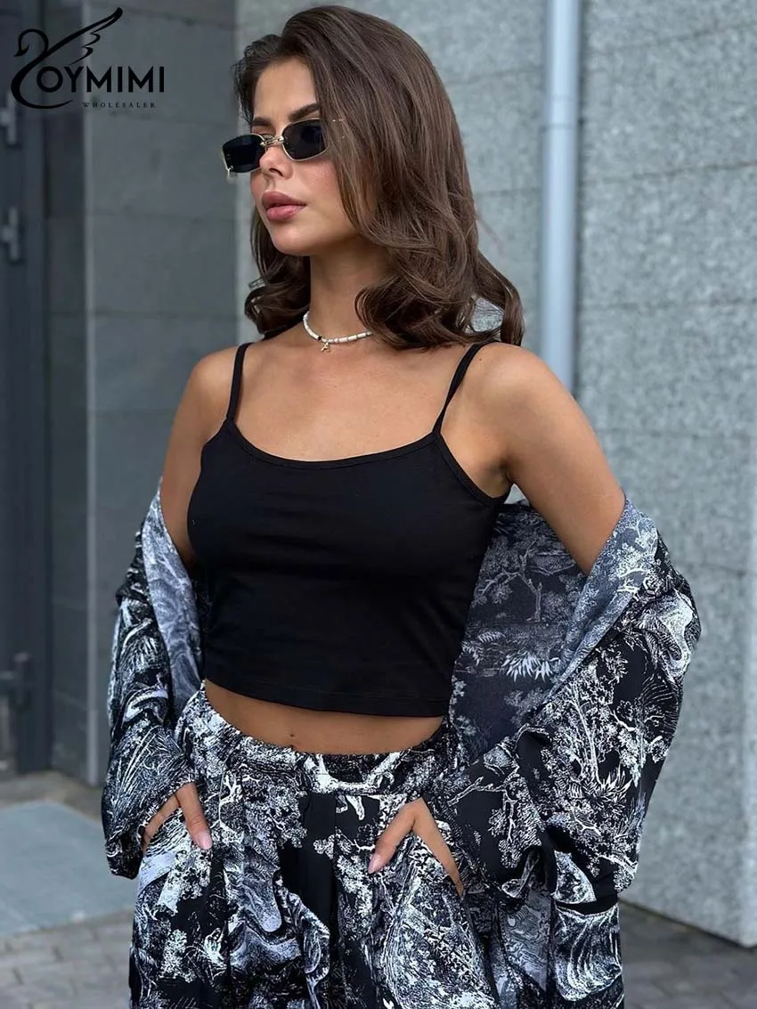 Oymimi Casual Black Print Two Piece Set For Women Elegant Lapel Long Sleeve Button Shirts And Straight Trousers Sets Streetwear