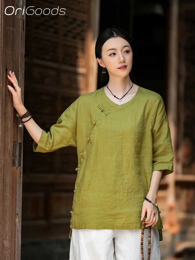 

OriGoods Linen Blouse High Quality Chinese Style Vintage Shirt Linen 100% 2025 New Thin Cool Summer Shirt Woman Zen Clothes C134