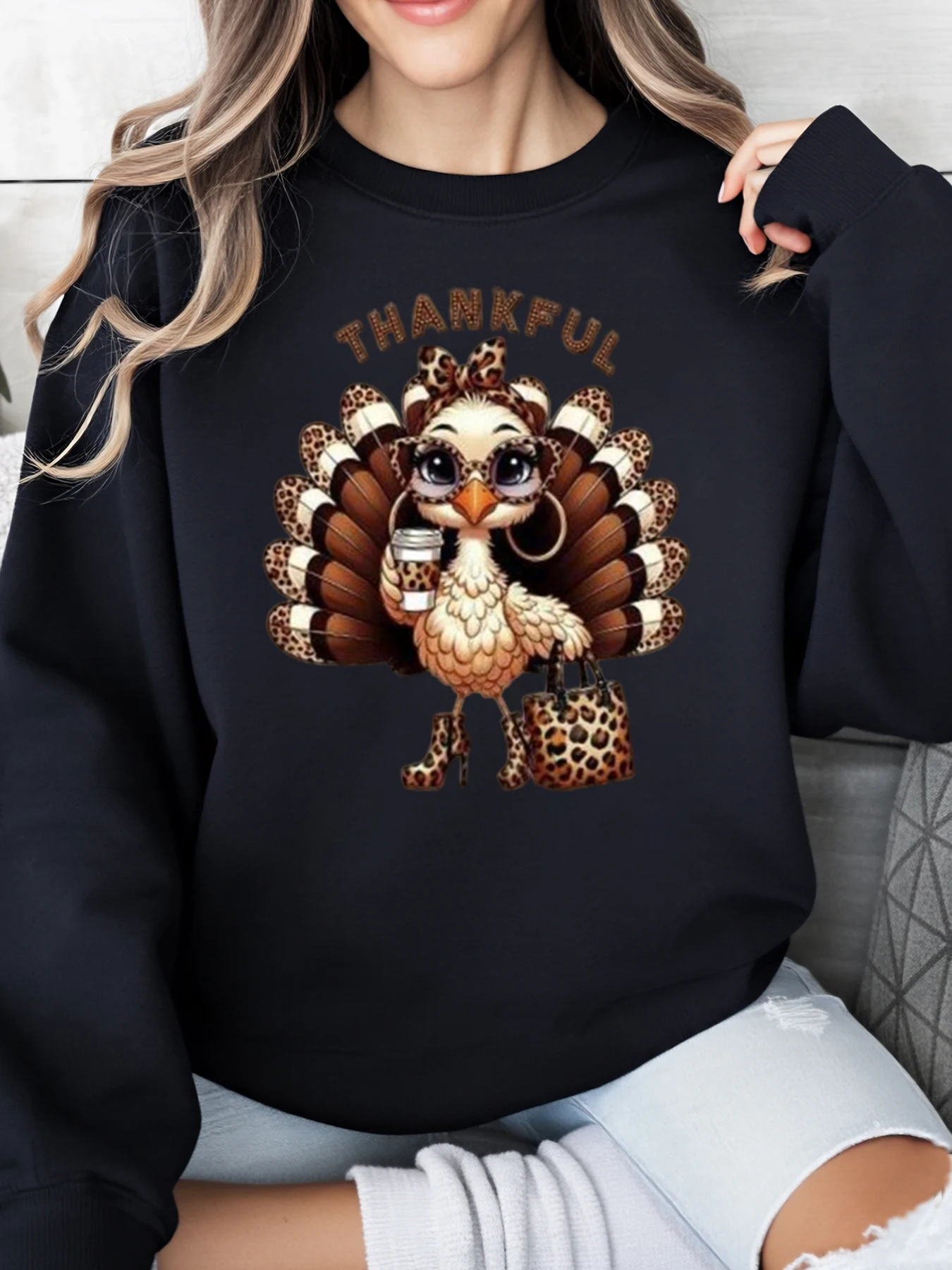 Felpa con stampa leopardata Thankful Turchia Ringraziamento Abbigliamento casual da donna Nero Taglie forti