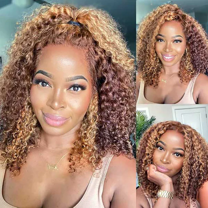 Highlight Short Curly Bob Wig 13x4x1 Lace Front Human Hair Wigs Pre Plucked P4/27 Colored  Short Deep Wave Wigs For Women