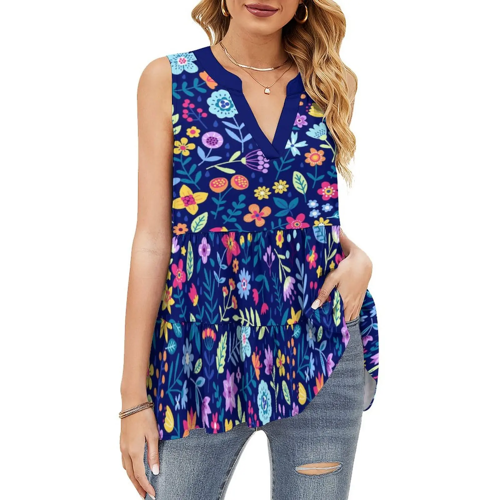 Jumeast 3D Printed Floral Pleated Sleeveless V-neck Women T-shirts Mexican Flowers Graphic T Shirts Ruffle Clothes Tops T-shirty