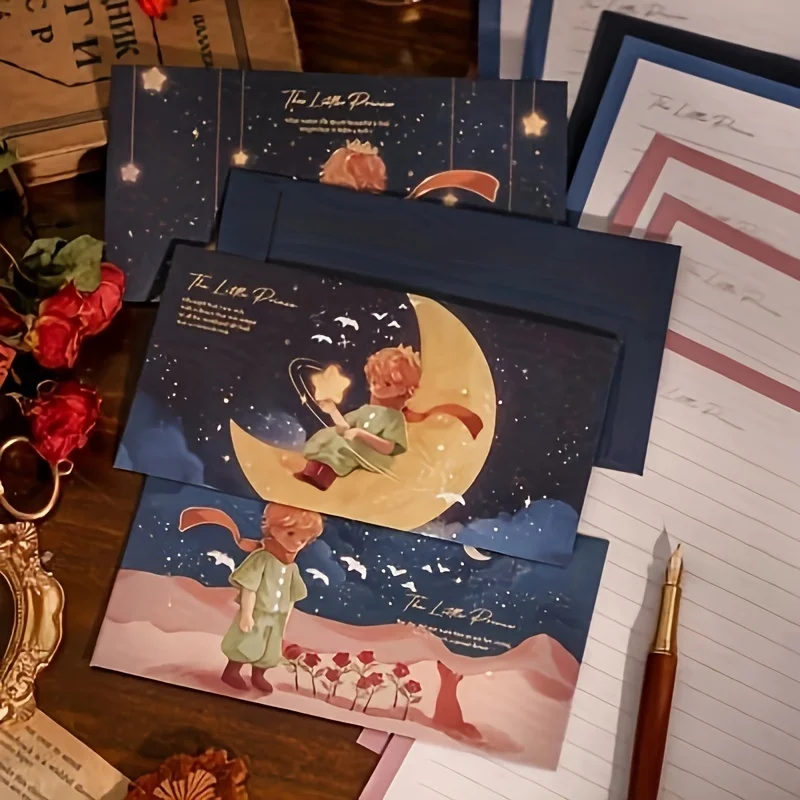 6pcs Paper Cute Cartoon Boy Rose Moon Letter Greeting Card and Envelope for Kids Adult DIY Stationery Storage Gift Envelopes