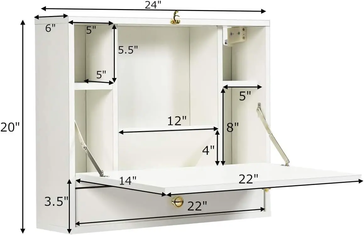 Graffy Wall Mounted Table, Multifunctional Folding Hanging Storage Cabinet, Space Saving Computer Desk W/Storage Drawer And