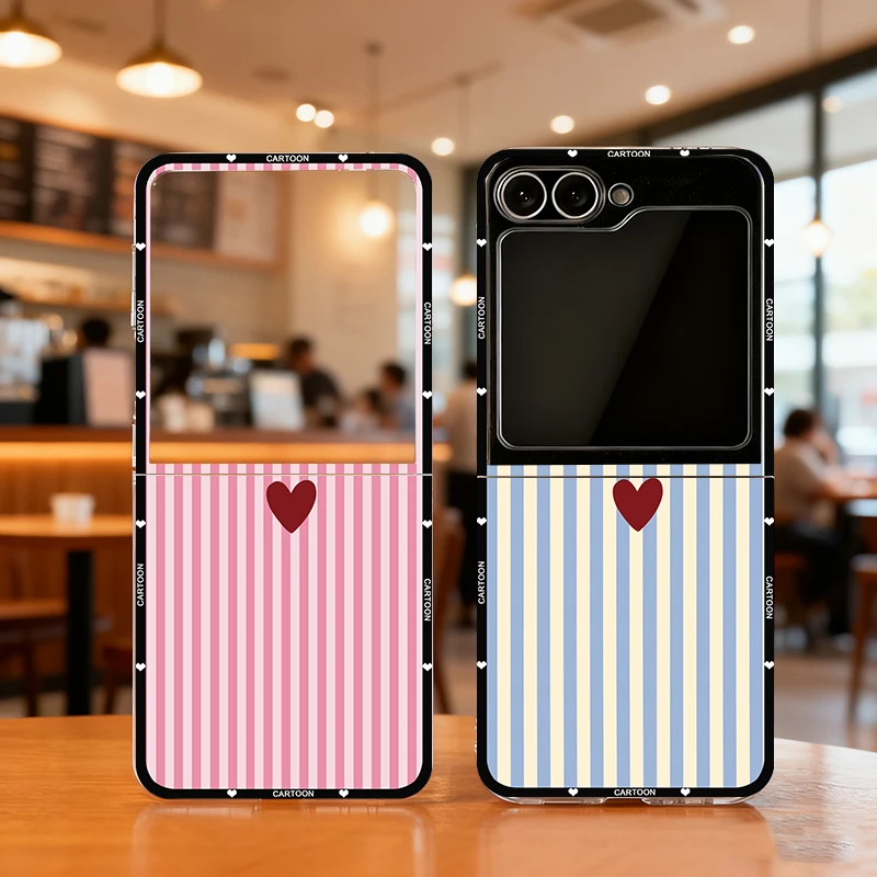 INS Korea Cute Small Love Heart Fresh Phone Case For Samsung Z Flip 7 6 5 4 3 Z Flip7 Pink Blue Striped Clear Hard PC Cover Capa