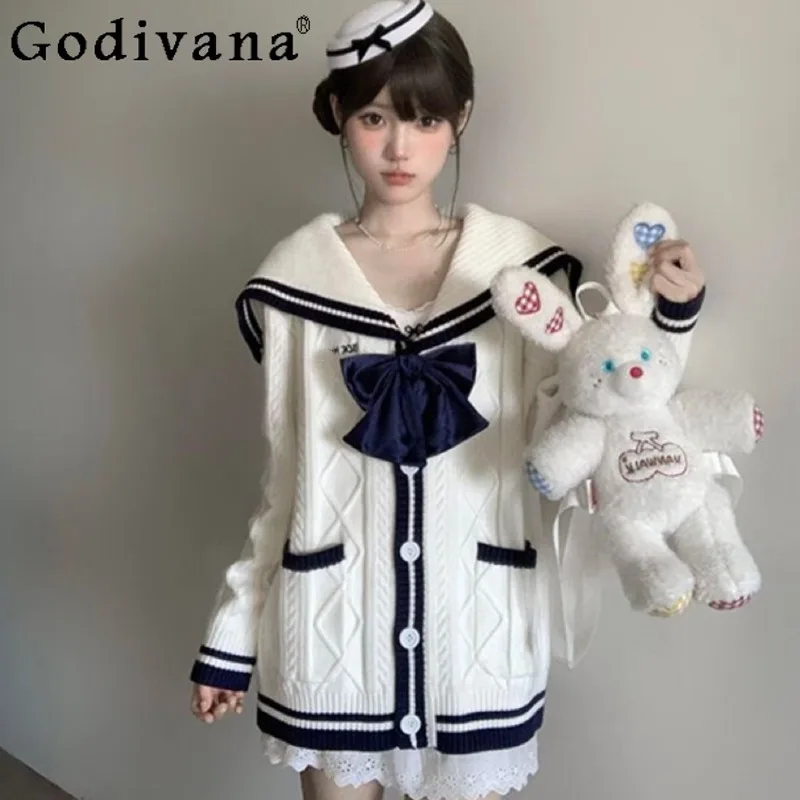 

Женская вязаная куртка на осень-зиму, свитер в студенческом стиле с милым бантом, кардиган, женский темно-синий свободный вязаный кардиган с воротником