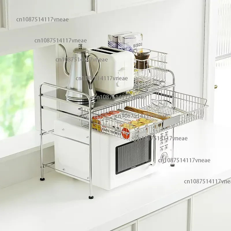 Stainless Steel Microwave Shelf Organizer 50cm Wall/Counter Mounted Rack with Storage Drawer