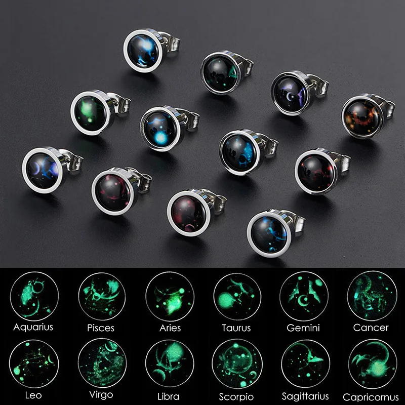 1pc 12 Constellation Stud Earring For Men Women Titanium Steel Luminous Earring Hiphop Rock Fashion Jewelry Brithday Gift