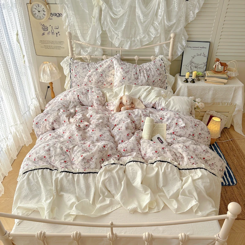 Red Little Flower Printed Duvet Cover Set Seersucker Korean Style funda nordica 150 cama Quilt Cover with Ruffles Soft 이불커버