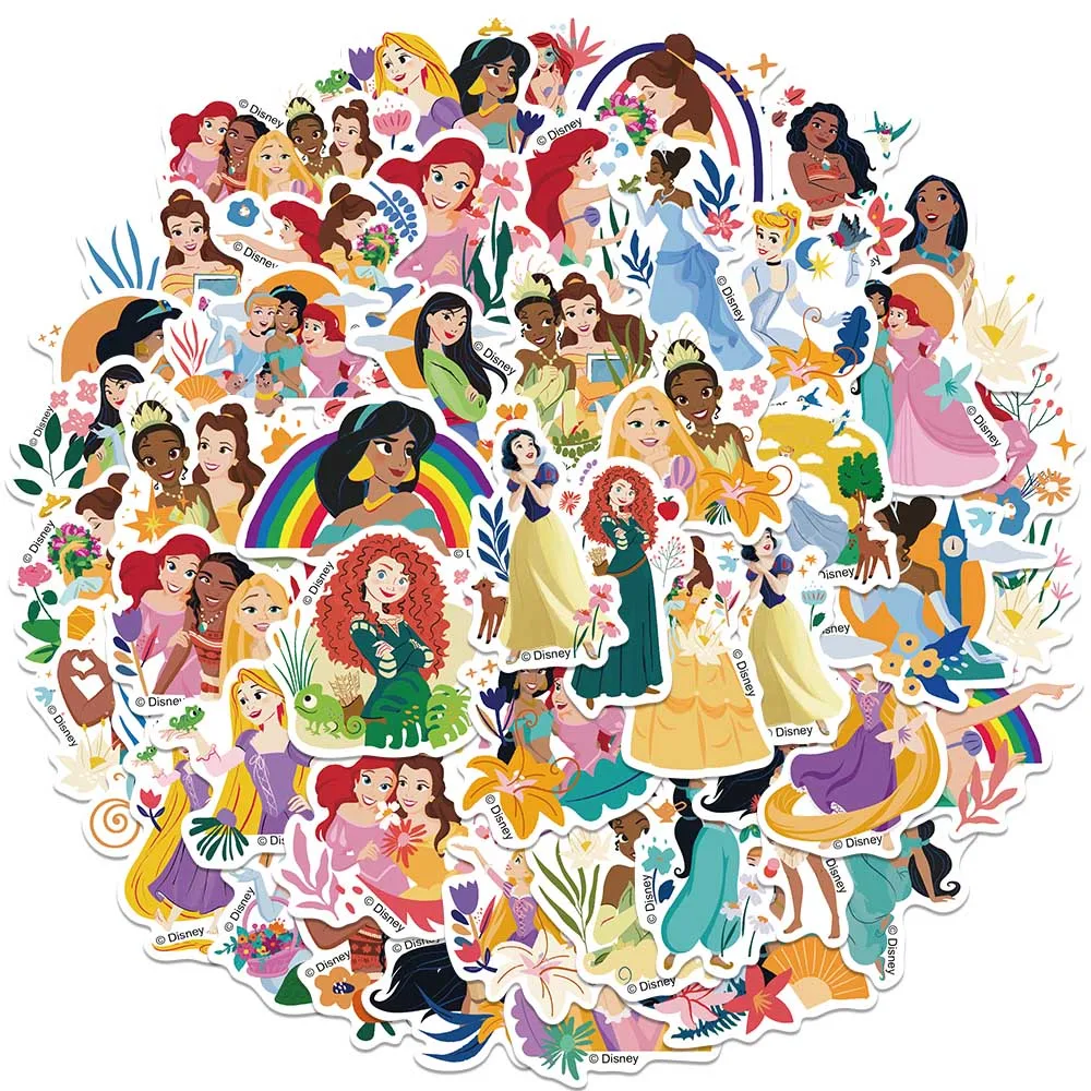 Disney Princesas adesivos impermeáveis para meninas, desenhos animados bonitos, anime, grafite, laptop, telefone, bagagem, guitarra, decalques de vinil, 50pcs