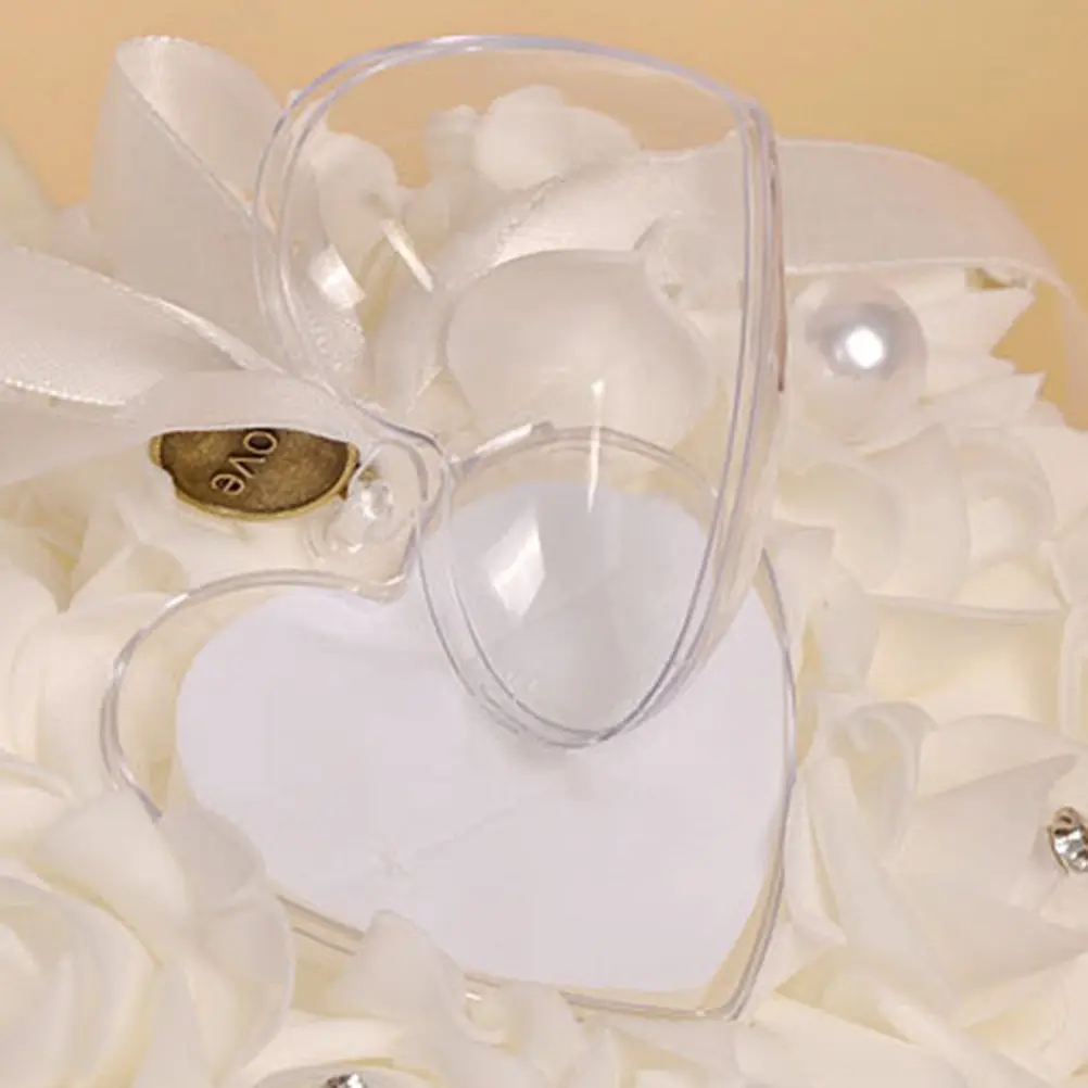 Elegant Heart Shape Wedding Ring Box Pillow White Rose Flowers Rhinestone Fake Pearls Pe Interior Reusable Ring Presentation