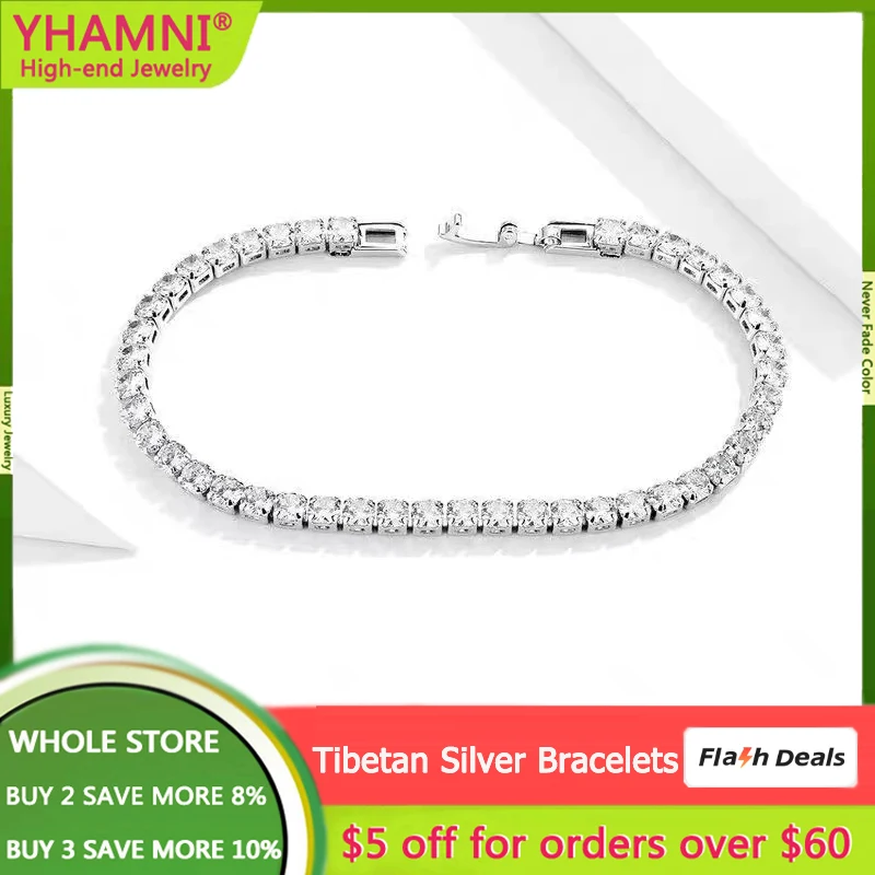 

Luxury Inlay 47 Pieces 3mm Rhinestones Tennis Bracelet Crystal Wedding Chain Bracelet for Women Men Real Tibetan Silver Bracelet