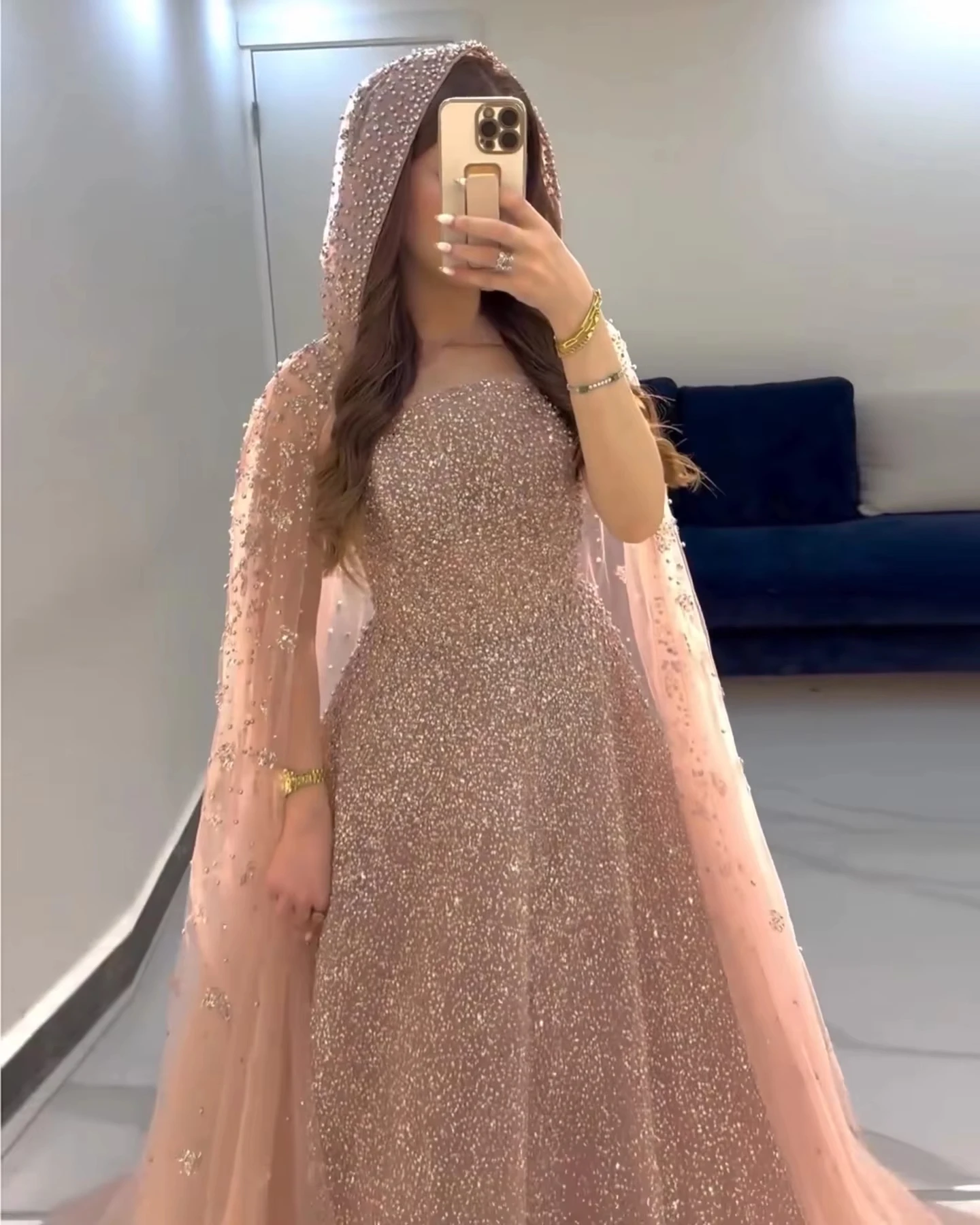 Sparkly Crystal Turquoise Luxury Dubai Evening Dress with Hooded Cape Rose Gold Arabic Wedding Party Gowns LSZ198