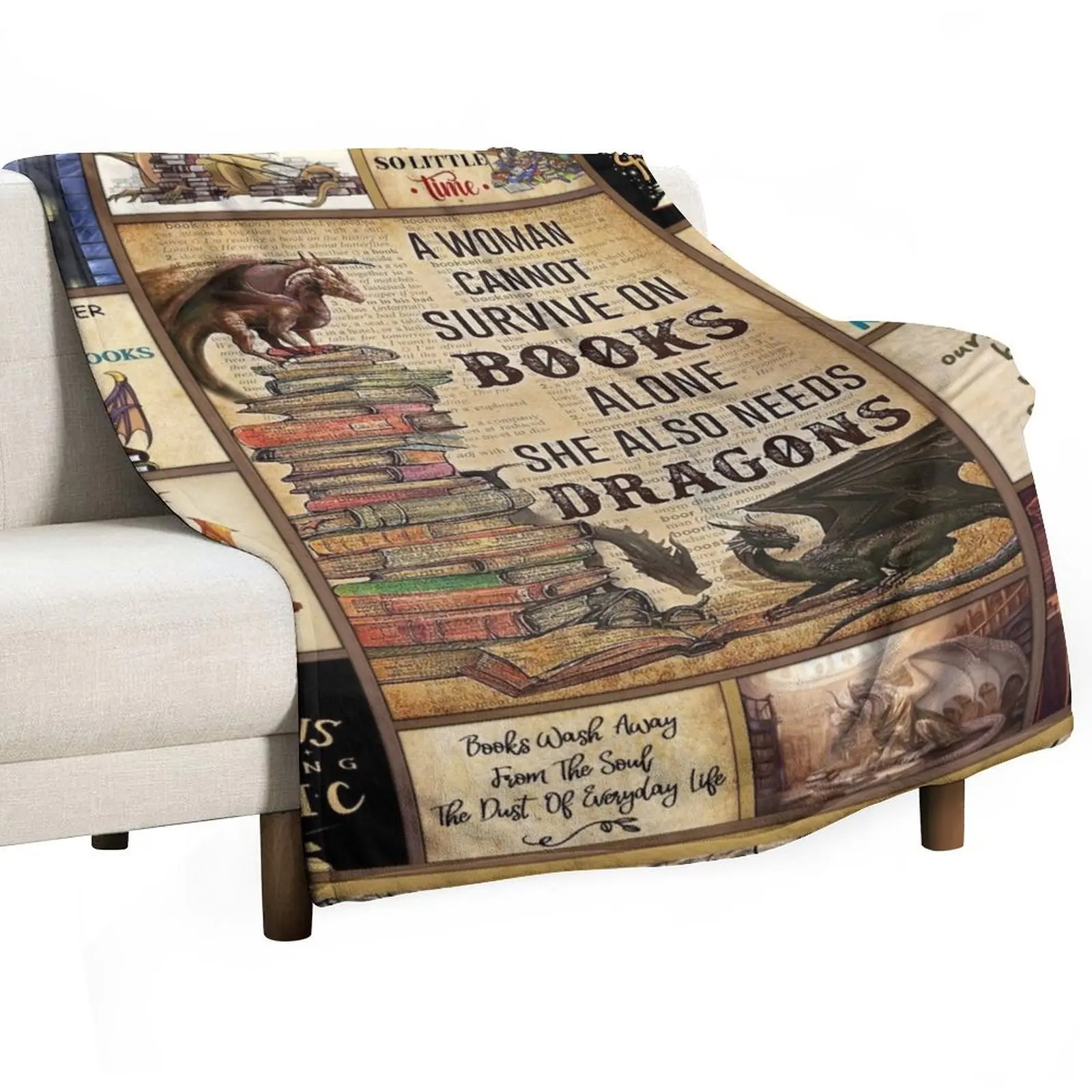A Woman Cannot Survive On Books Alone She Also Needs Dragons Throw Blanket Travel Soft Big valentine gift ideas Blankets