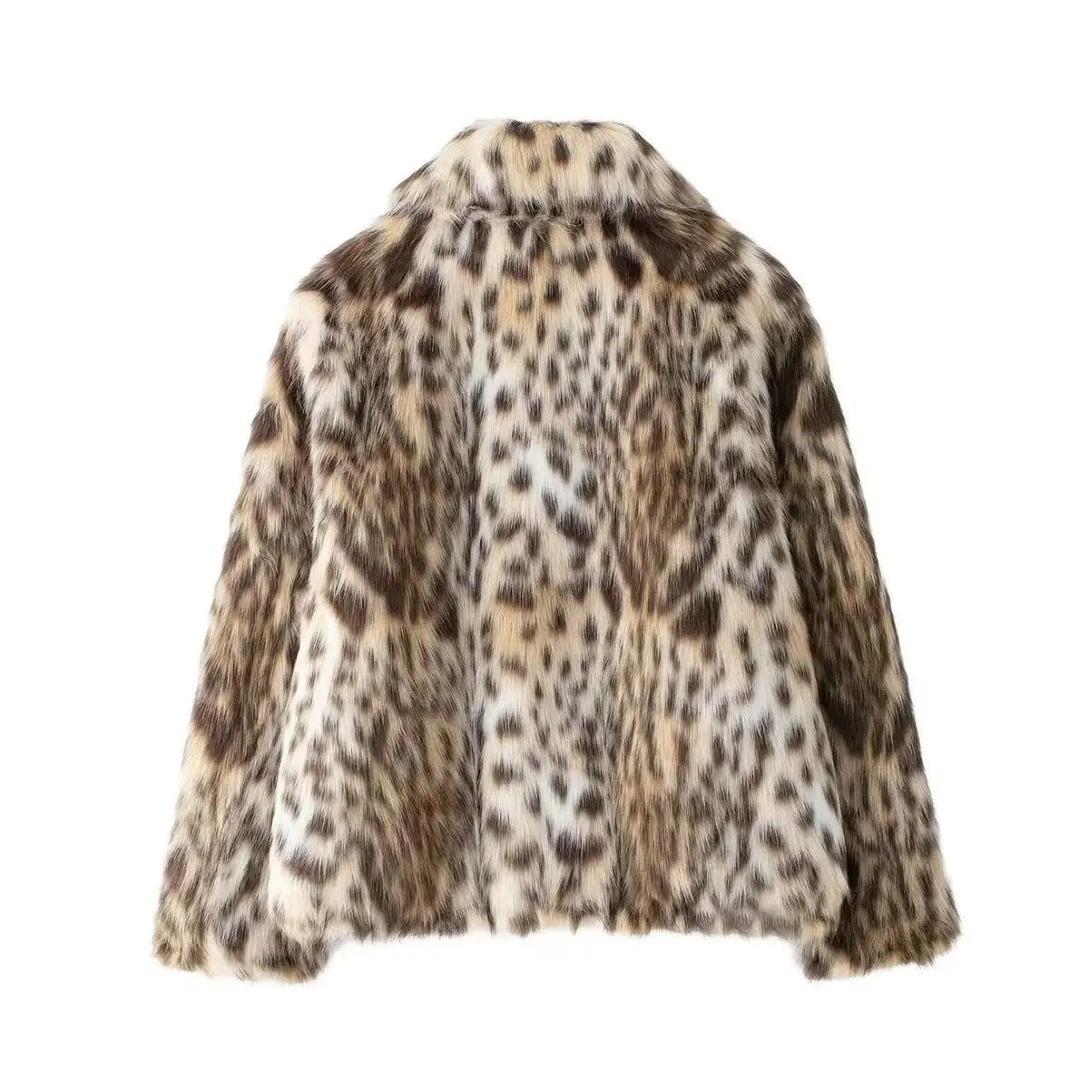 Leopard Faux Fur Coat Women Short Autumn Winter Plush Lapel Collar Panelled Jacket Female Warm Stylish Outerwears Lady Casual