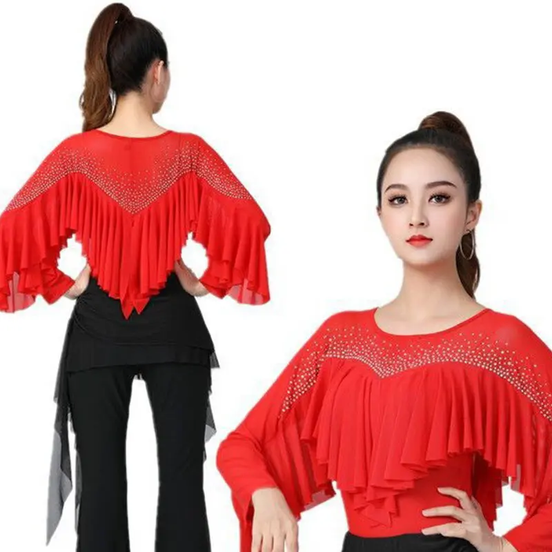 ملابس الرقص اللاتينية للنساء أزياء الماس كشكش طباعة ساحة الرقص تي شيرت ملابس رياضية اللياقة البدنية في الهواء الطلق