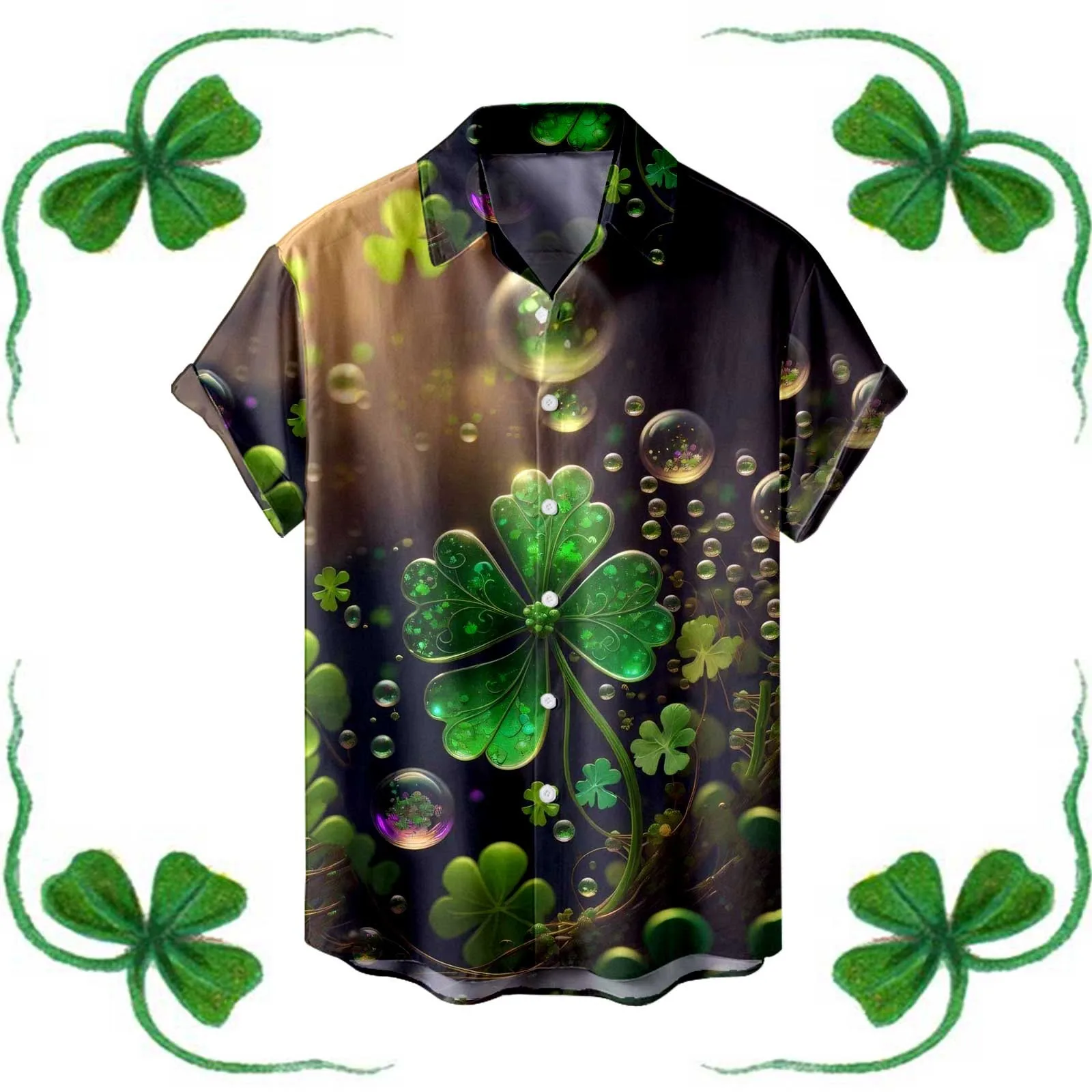 Mens Shirt Leaf Print St Patrick Day Festive Shirt Green Blouse For Camisas Lapel Short Sleeved Shirt Party Beach Hawaii Shirts