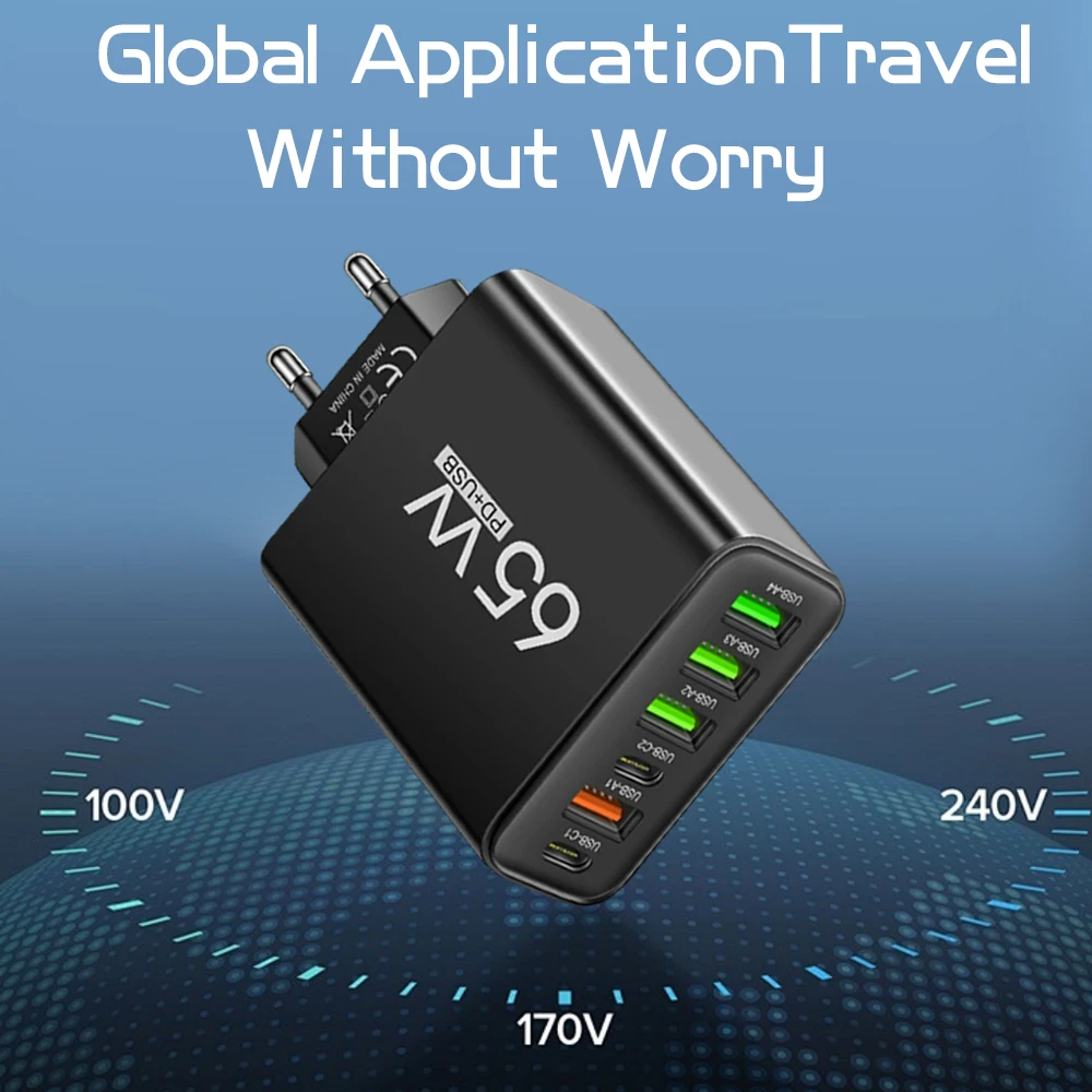 65W 6 Ports Fast Charging PD USB C GaN Charger 3.0 Type C Phone Adapter For iPhone 15 14 Xiaomi Samsung Fast Wall Charger