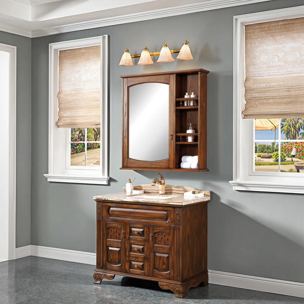 Zdjęcie 5: Amerykańskie szafki łazienkowe z litego drewna, montowane na podłodze, z lustrem, malowane, do użytku domowego, hotelowego i w willach.