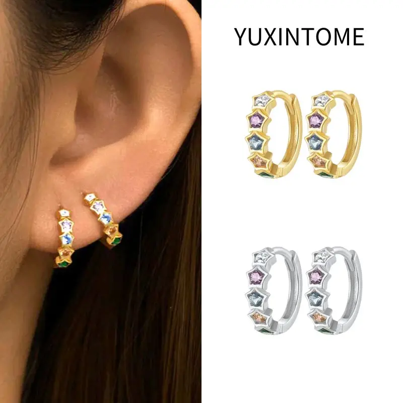 

925 Sterling Silver Needle Fashion Star Hoop Earrings For Women Colorful Crystal Five-Pointed Star Round Earrings Fine Jewelry