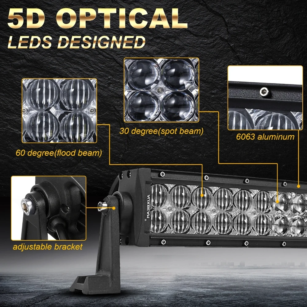 AUXBEAM 22inc-52 بوصة سلسلة 5D LED شريط إضاءة مستقيم/منحني مع سلك تسخير 9-32 فولت شعاع كومبو صف مزدوج 6500K أبيض بارد