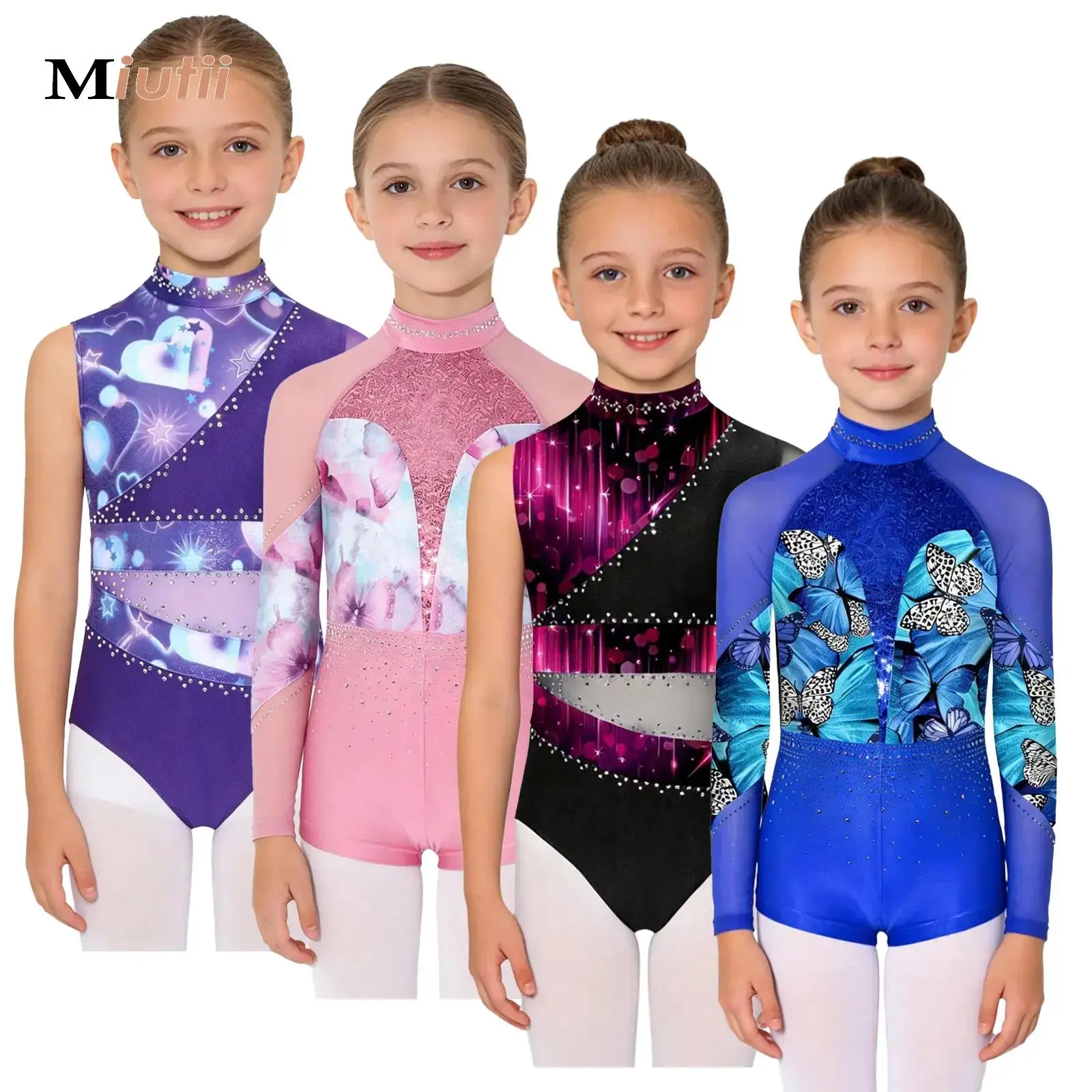

Girls Sparkly Rhinestones Dance Unitards Rhythmic Gymnastics Leotards Long Sleeve Figure Skating Stage Performance Dancewear