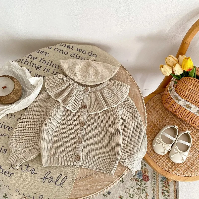 Spring and Autumn Infants' 0-3 Year Old Girl Baby Fashion Ruffle Collar Knitted Coat Small Cardigan Sweater Top