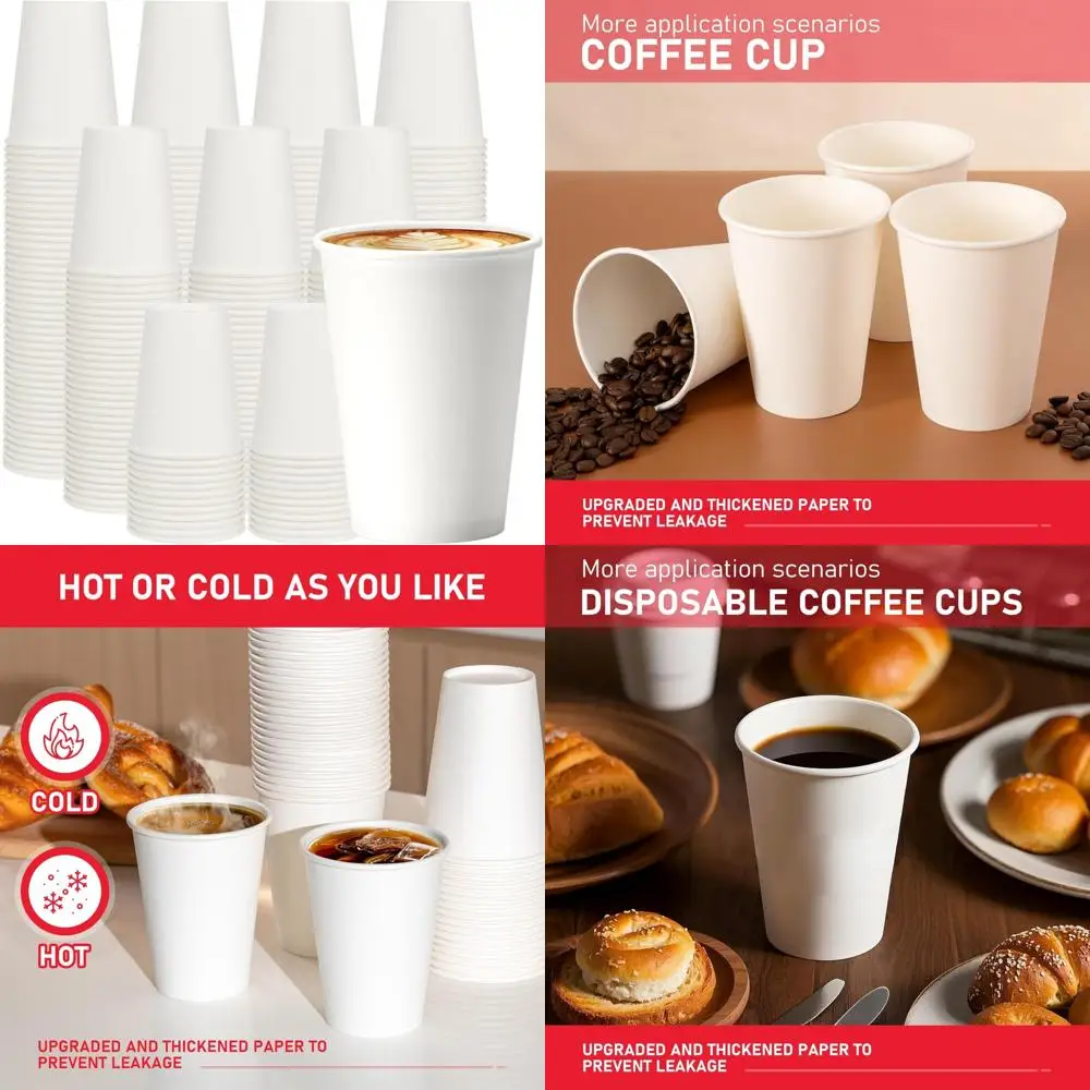 

Disposable Paper Coffee Cups - 12 oz, 1000 Pack, Thickened Leak-Free, White Cups for Hot and Cold Beverages