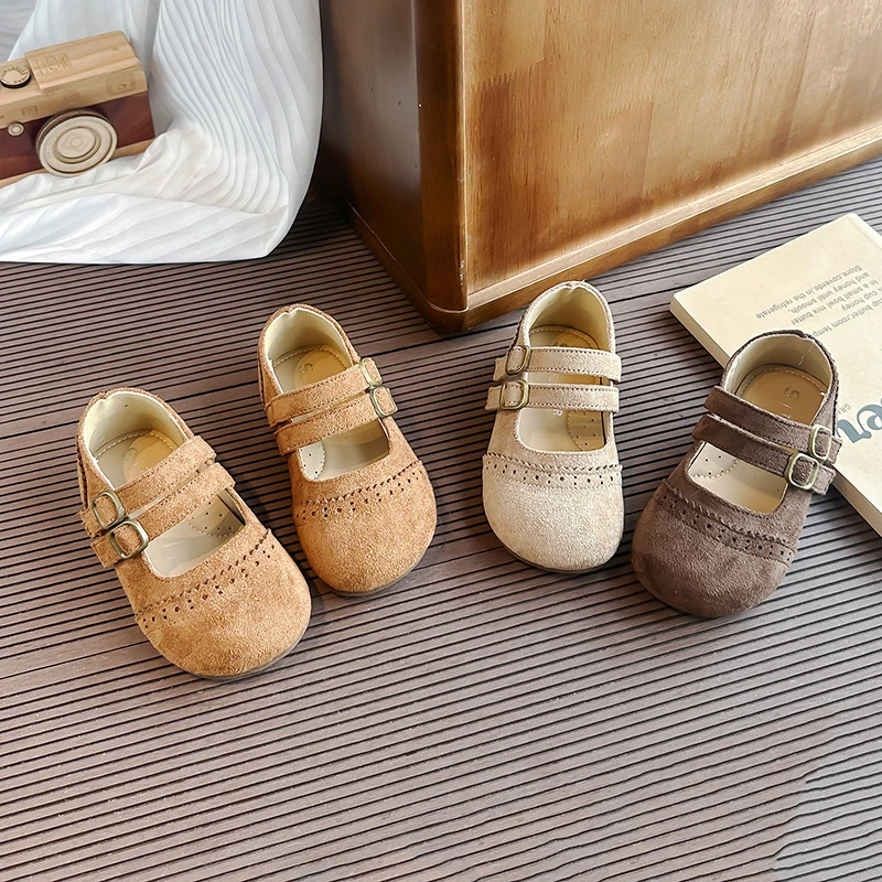 Girls Flat Shoes Round Toes Retro Kids Casual Shoes Double Hook&loop Trendy 2026 New Fashion Children Leather Shoes Non-slip