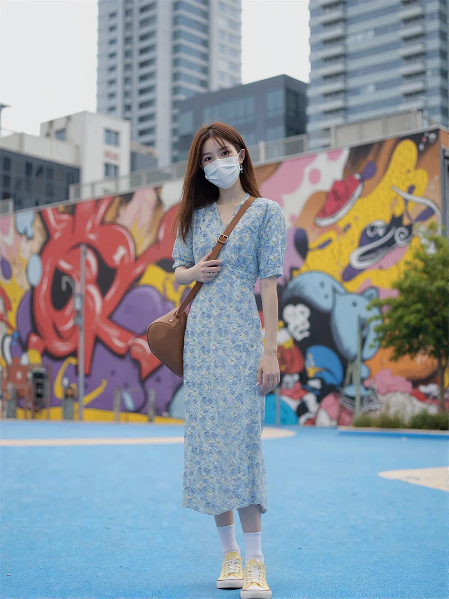 Vestidos Florais com Mangas Curtas Puff, Vestido Bonito e Elegante para Mulheres, Primavera, Corte Slim, Graduação, Com Detalhes em Camadas