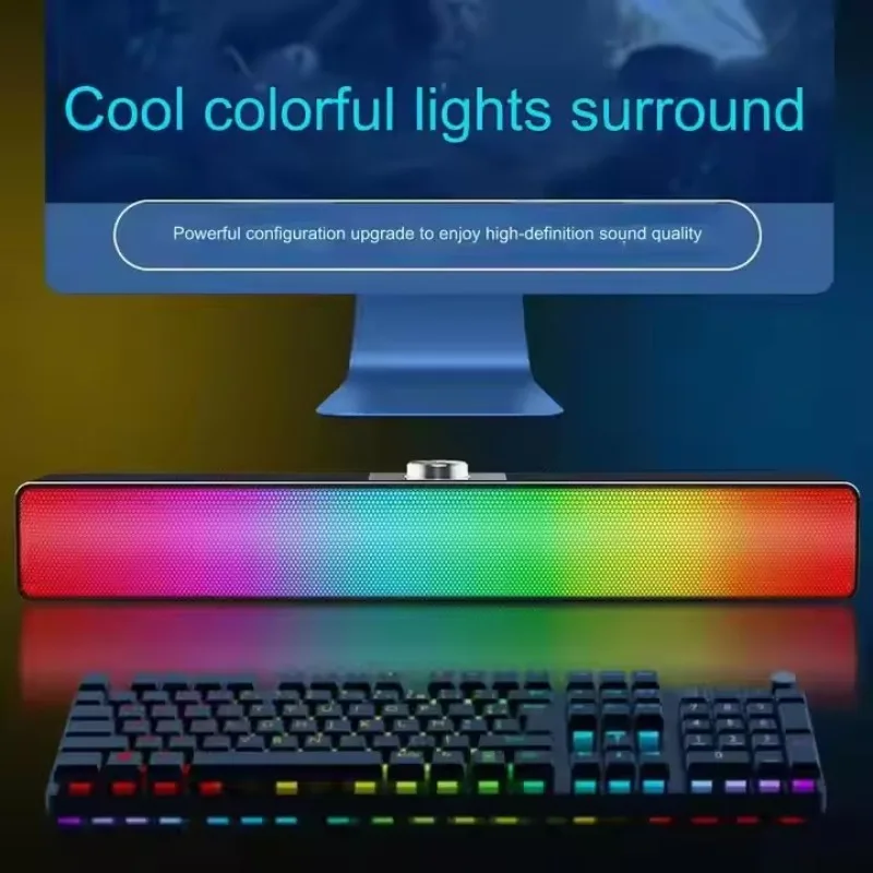 Desktop Long Strip AUX Computer Sound Bar Bluetooth Multifunctional RGB Colorful Light Subwoofer USB Wired Gaming Speakers