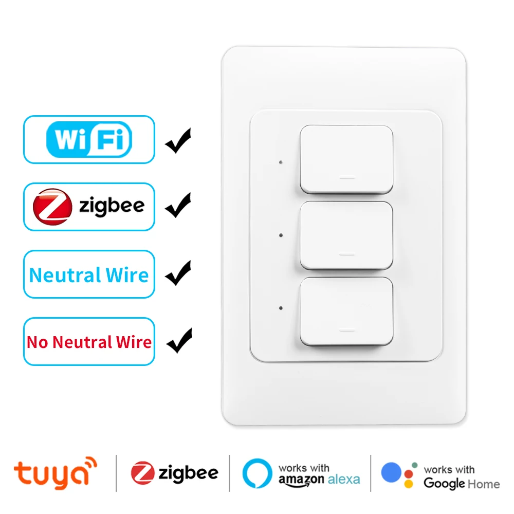 Tuya Zigbee Smart Push Button Switches US/AU Light Wall Switch 1/2/3Gang Wire Optional Timer Voice Control NO Neutral wire