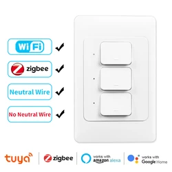 Tuya Zigbee Smart Push Button Switches US/AU Light Wall Switch 1/2/3Gang Wire Optional Timer Voice Control NO Neutral wire