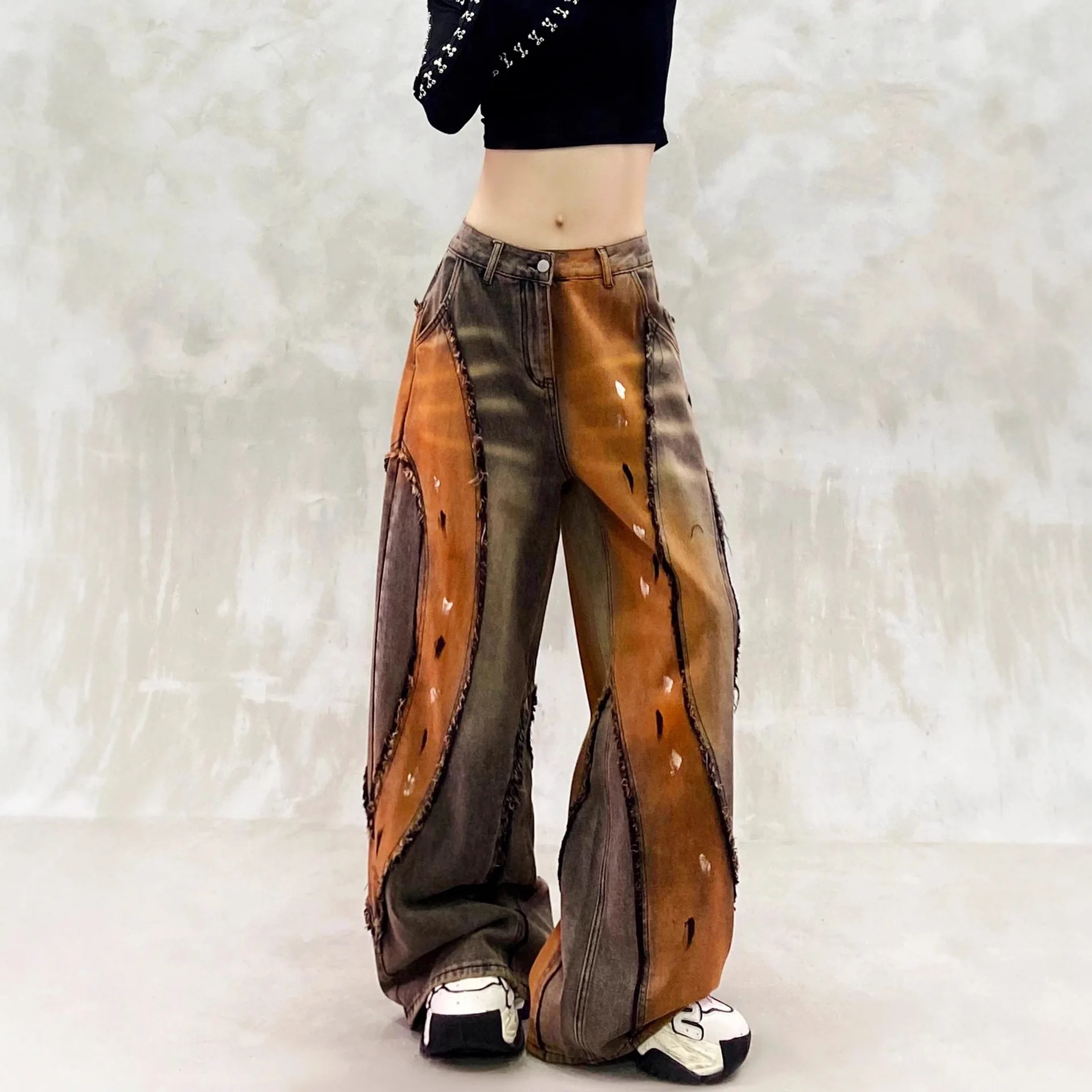 

2026 New Spring Autumn Women's Wasteland Style American Streetwear Distressed Wide Leg Jeans Heavy Duty Frayed Denim Pants