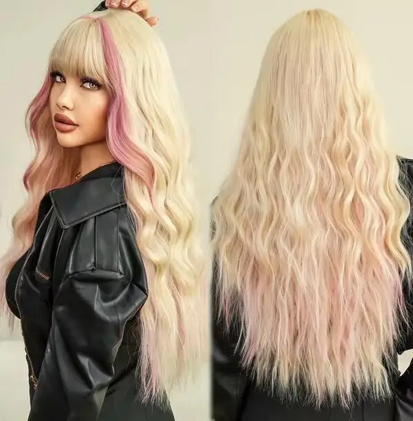 

Costume Wig Long Loose Curly Wave Blonde for Women Daily Party High Density Synthetic Highlight Pink Hair Wigs with Neat Bangs