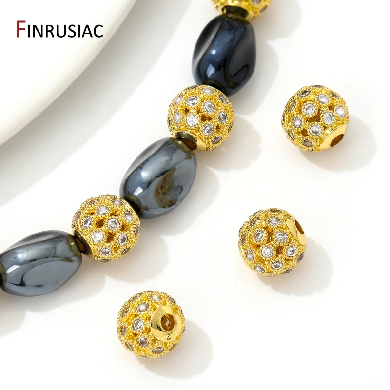 Contas redondas ocas de latão banhado a ouro 18k, contas de bola de 8mm, contas espaçadoras de zircônia embutidas para pulseiras diy, acessórios de fabricação de colar