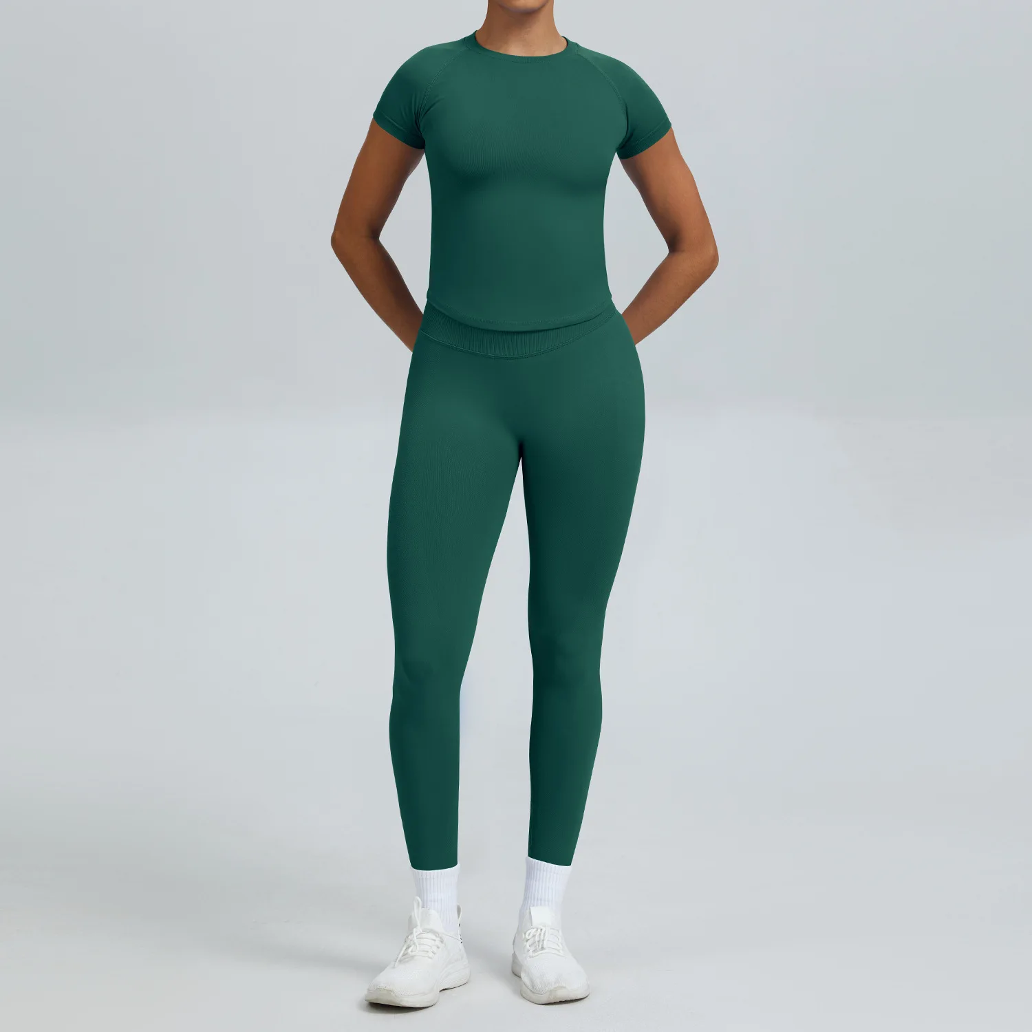 Seamless Yoga Set for Women - Round Neck Fitted Short Sleeve Top & Tights, Breathable Gym Wear for Running Cycling Outdoor Train