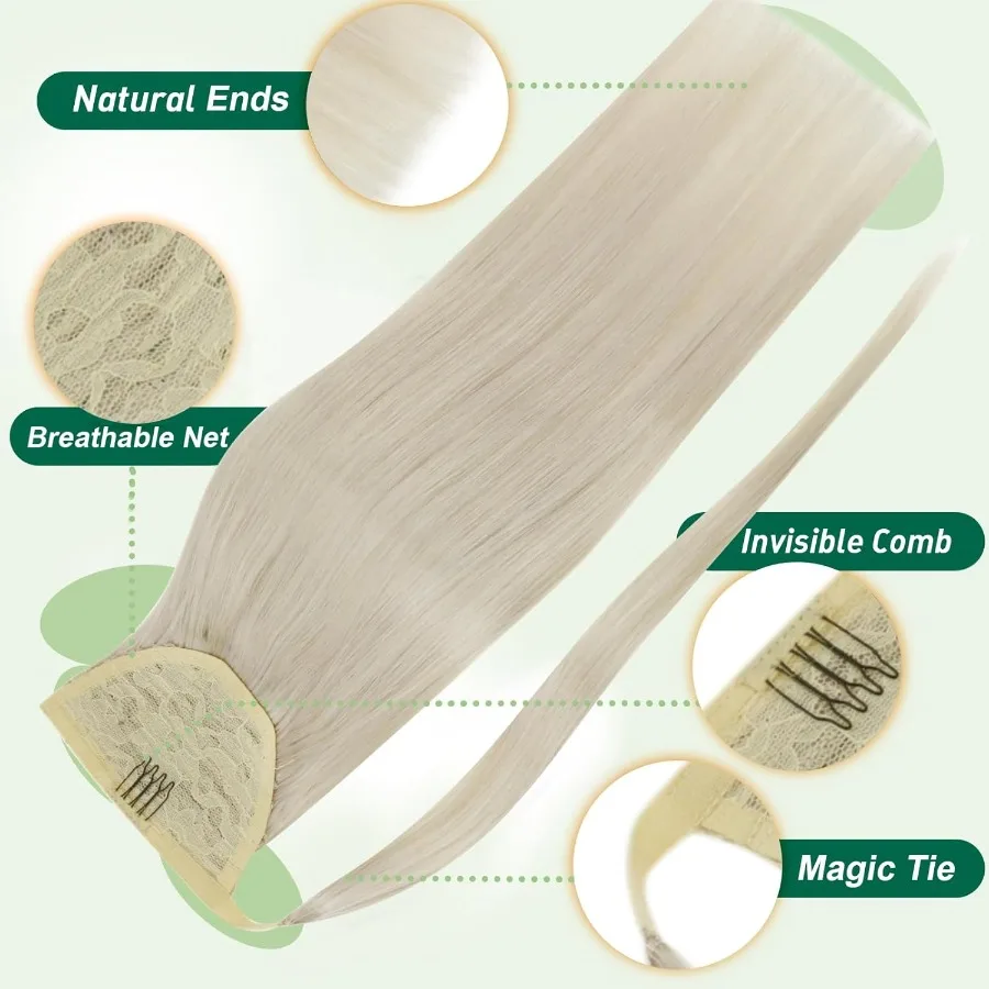 وصلات شعر بشري أشقر طبيعي المظهر على شكل ذيل حصان للارتداء اليومي والمناسبات الخاصة 12 بوصة وصلات شعر أشقر أبيض مع