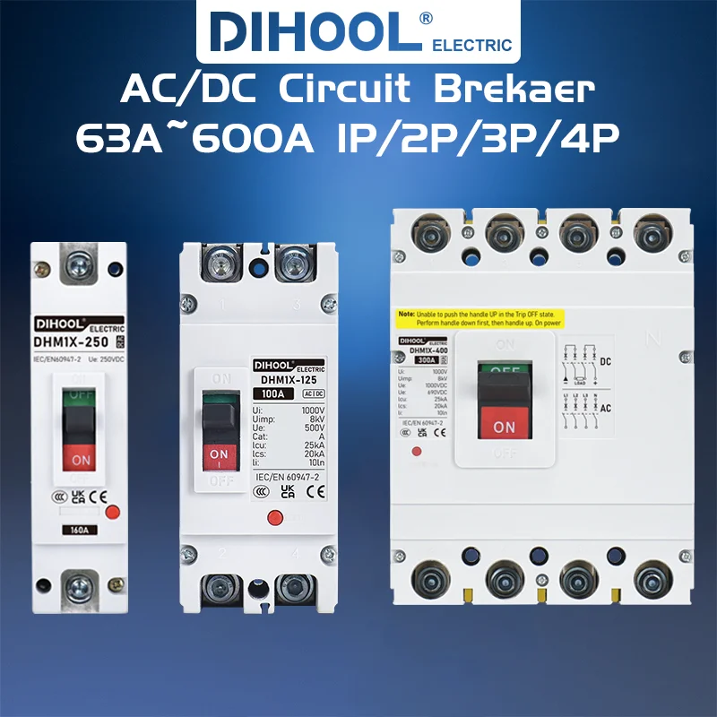 AC DC Moulded Case Switch 25kA High Breaking Capacity MCCB 1P/2P/3P/4P 63A~600A DC250V~1000V AC240V~690V Battery/PV System