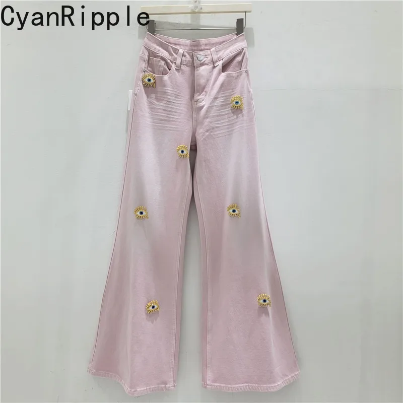 

American Retro Pink Flare Jeans 2026 New Spring Summer All-match High Waist Metal Decoration Floor-length Casual Denim Pants