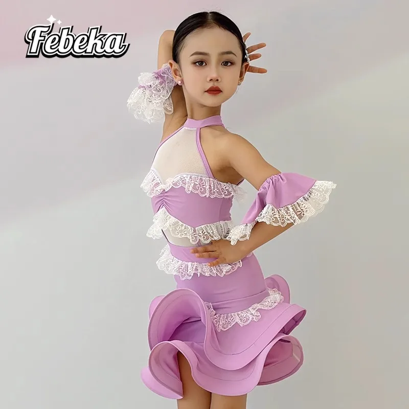 Robe de danse latine personnalisée pour filles, jupe d'entraînement, costume de performance de compétition pour enfants, robe fendue, ensemble 2 pièces