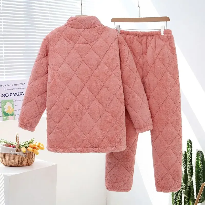 Reiß verschluss Stehkragen drei schichtig gepolsterte verdickte Pyjamas Frauen Winter Mutter warme Lounge wear neue Korallen Fleece Baumwolle