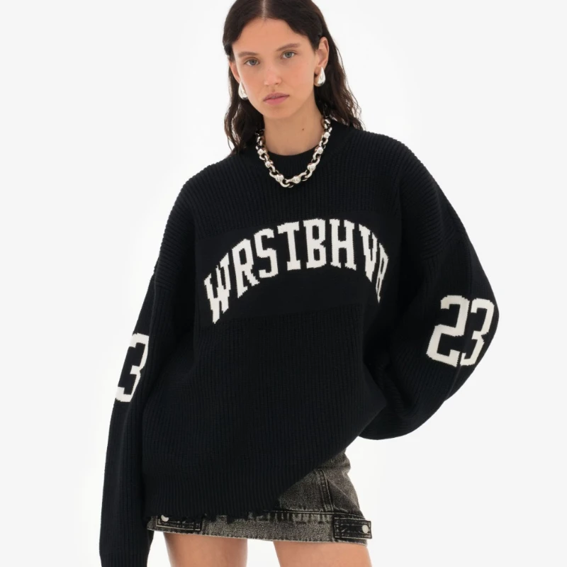 Moda solta carta jacquard malha pulôver feminino 2025 outono inverno highstreet cinza preto macio camisola hottie versátil topo