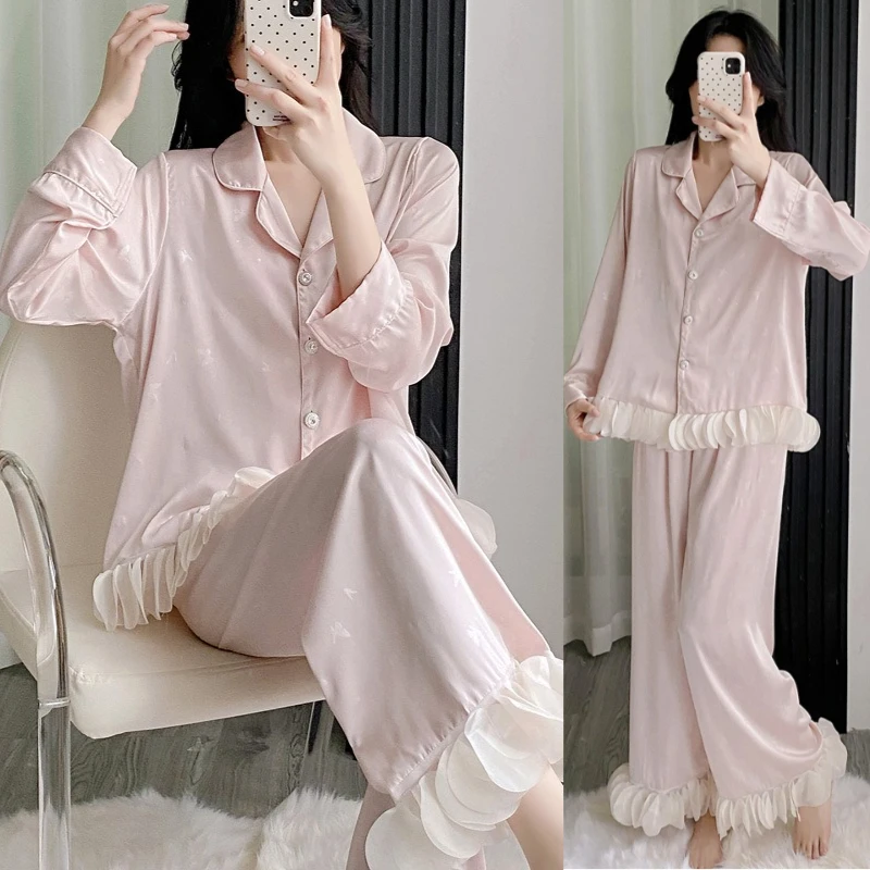 

Комплект из 2 предметов: женская пижама с длинным рукавом, рубашка и брюки, весна-осень, шелковистый атласный костюм с отложным воротником, ночное белье