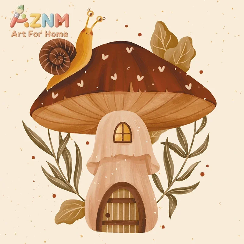 AZNM Mushroom House Snail Canvas Wall Art Frameless Cute Cartoon Fairy Tale Botanical Print Poster for Home Wall Decor