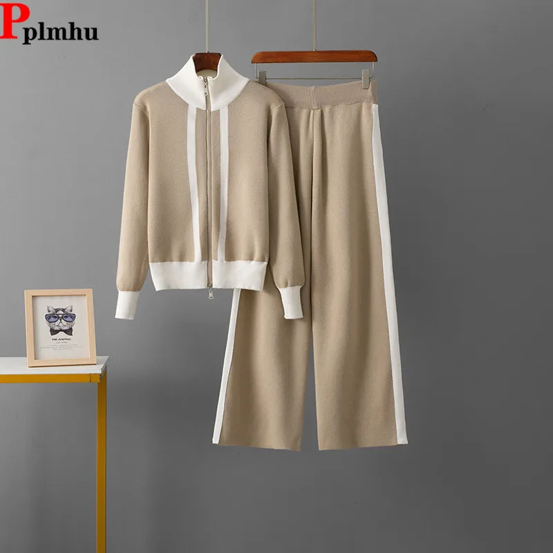 

Korean Design Knitted 2 Piece Sets Knitwears Two Way Zipper Sweater Cardigan Tops Conjuntos High Waist Wide Leg Pants Ensembles